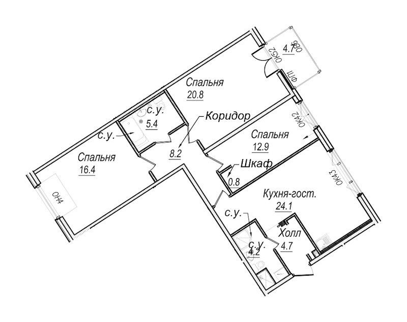 3-комнатная квартира 102.1 м², 7/8 эт., Комплекс апартаментов «Meltzer Hall»